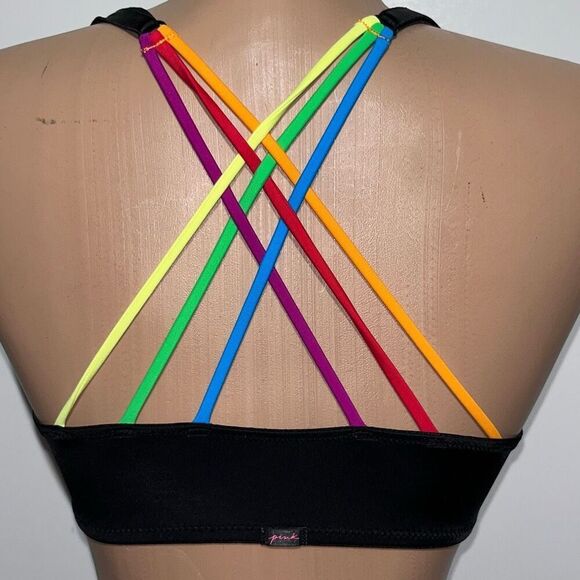 PINK Victoria's Secret Women's Black Rainbow Cross Strap Back Bra Size 34B - Picture 4 of 10